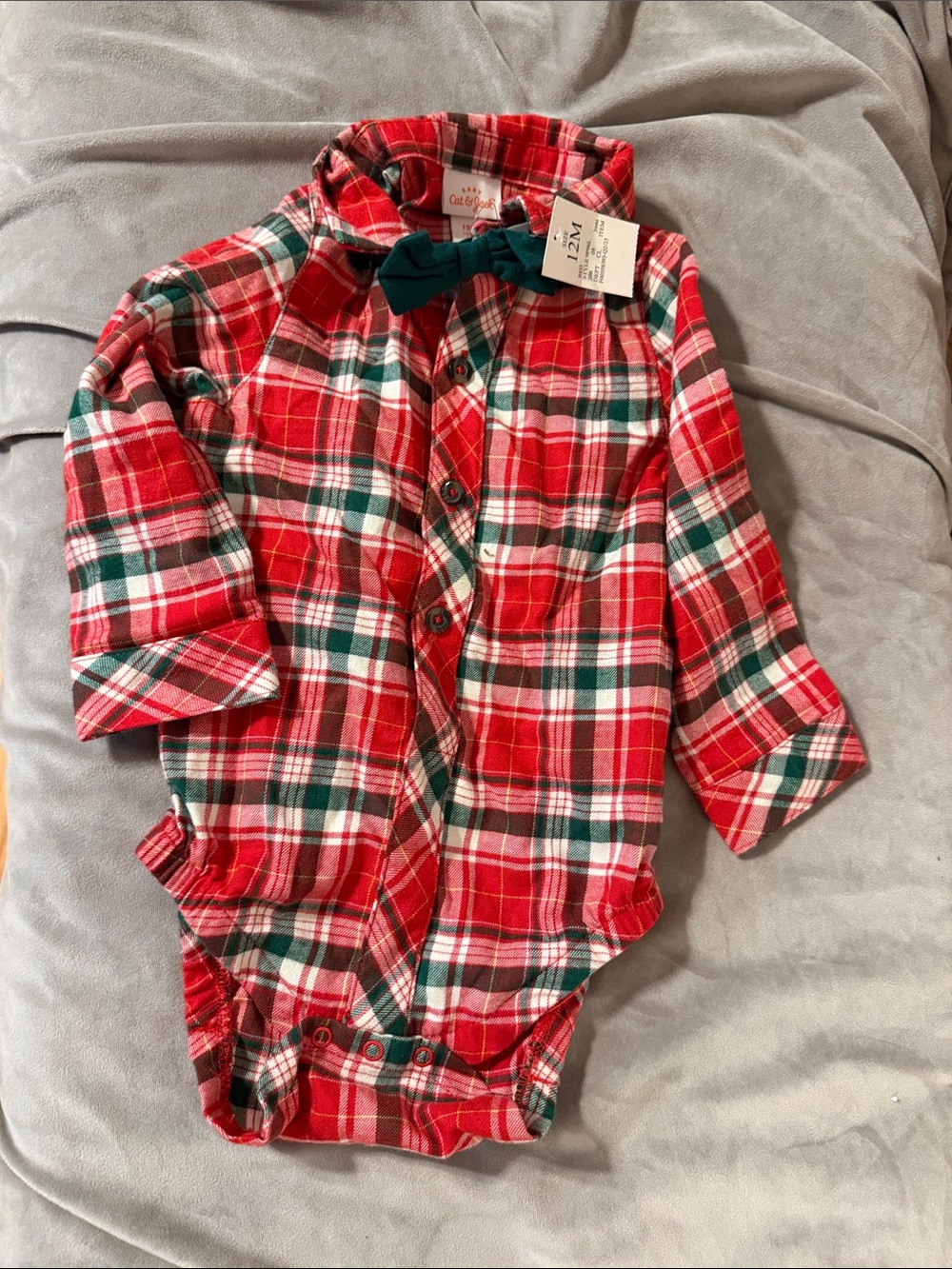 Cat & Jack Red and Green Plaid Baby Button-Up Bodysuit with Bow